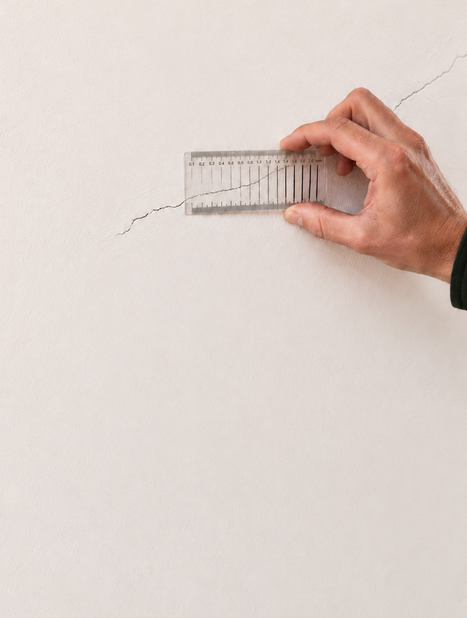 Symbolbild Überprüfung eines Risses in einer Hauswand
