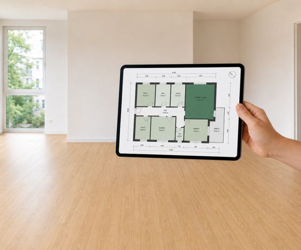 Symbolbild leeres Einfamilienhaus von Innen, mit Tablet im Vordergrund, auf dem der Grundriss zu sehen ist