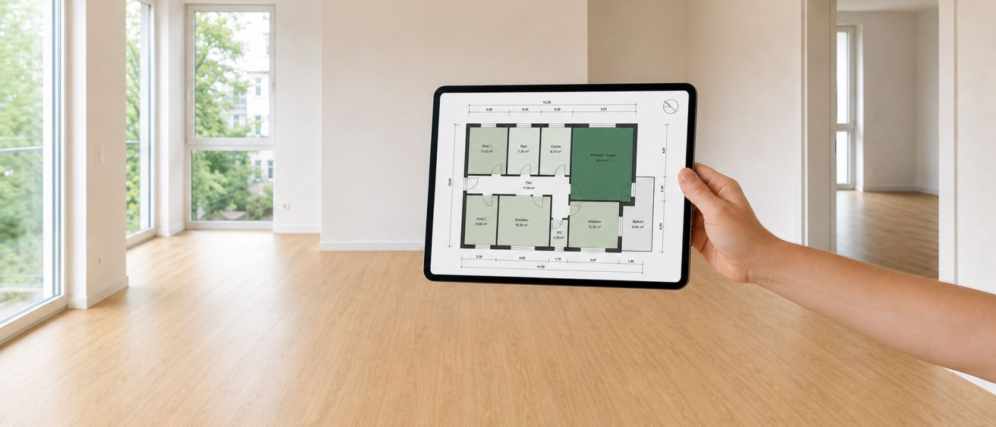 Symbolbild leeres Einfamilienhaus von Innen, mit Tablet im Vordergrund, auf dem der Grundriss zu sehen ist